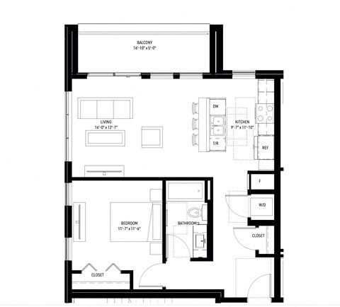 Floor plan for 1 bed, 1 bath, 760 sqft
